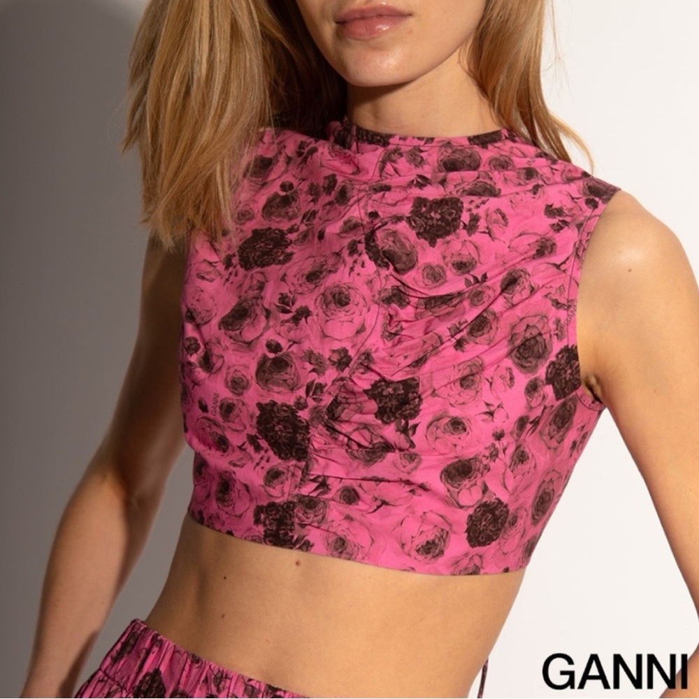 Ganni Pink and Black Floral Tank Top